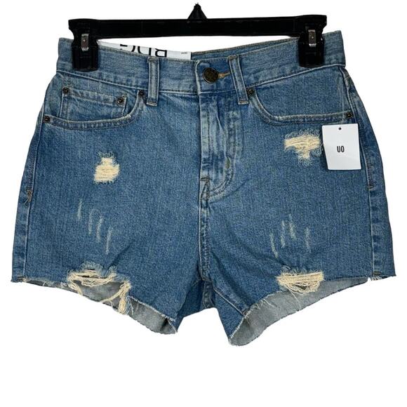 BDG UO SZ 25W Girlfriend Jean Shorts Hi-Rise Zip-Fly Distressed Frayed Hem Blue - Picture 1 of 6
